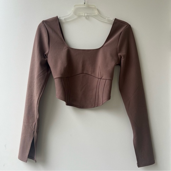 Abercrombie & Fitch Long Sleeve Corset Scoop Neck Top - Taupe Brown - Size S - Picture 4 of 13